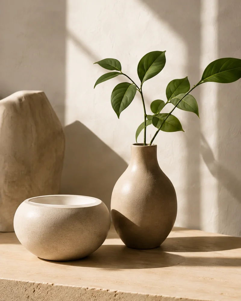 A leafy branch in a warm ceramic vase, with a shallow ceramic bowl in sunlight.